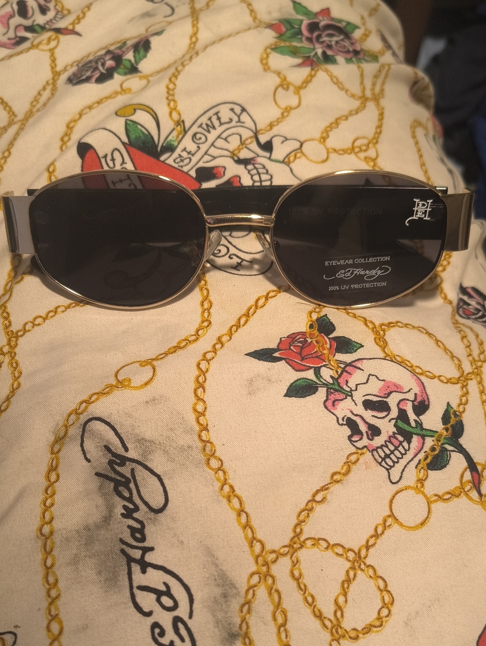 Ed Hardy Gold and Black Oval Sunglasses For Men And Women